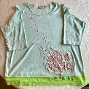 Quacker Factory 1X Blue & Green 3/4-sleeve Cotton Knit Tunic w/Blooming Tree